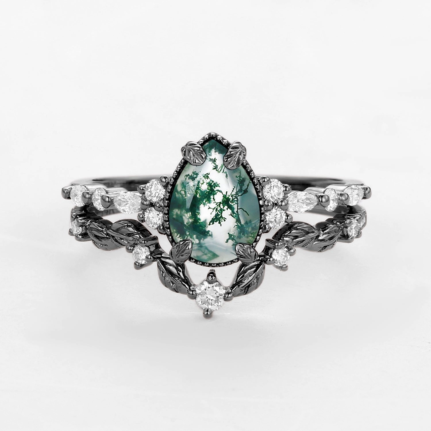 Detail Pop Black Gold Vintage Pear Shaped Moss Agate Leafy Ring Set 2pcs