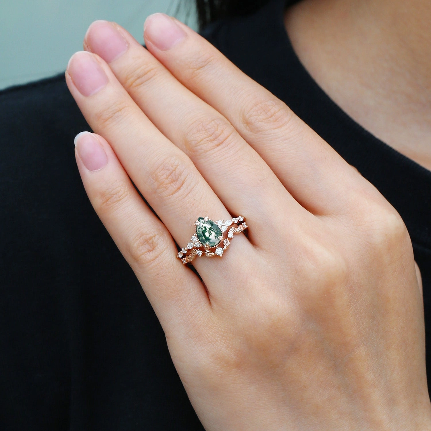 Black Gold Vintage Pear Shaped Moss Agate Leafy Ring Set 2pcs All Day Style Luxury Accessories