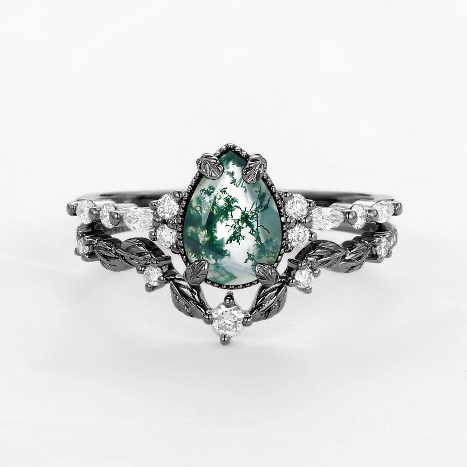 Black Gold Vintage Pear Shaped Moss Agate Leafy Ring Set 2pcs Retro Inspired Bright Highlight