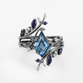 Special Event Outfit Highlight Black Gold London Blue Topaz & Sandstone Cage Leafy Engagement Ring Sets 2pcs