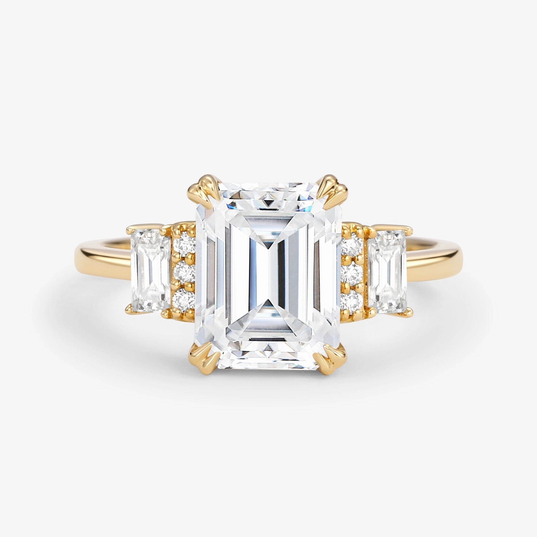 Vibrant color Glittering Details Emerald Cut Moissanite Classic Yellow Gold Engagement Ring