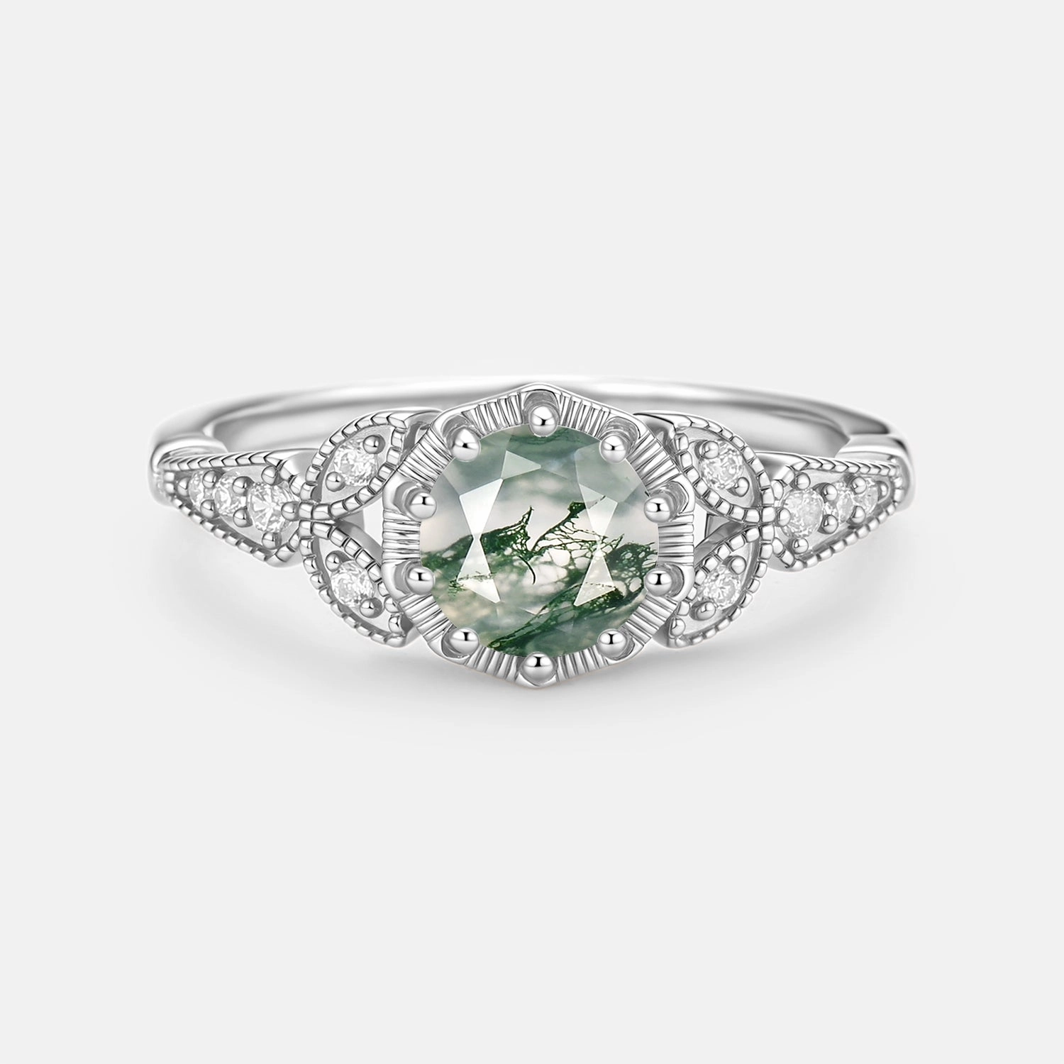 Unique Round Cut Leaf Moss Agate Engagement Ring - Arborea Dainty Edge Elegant Touch