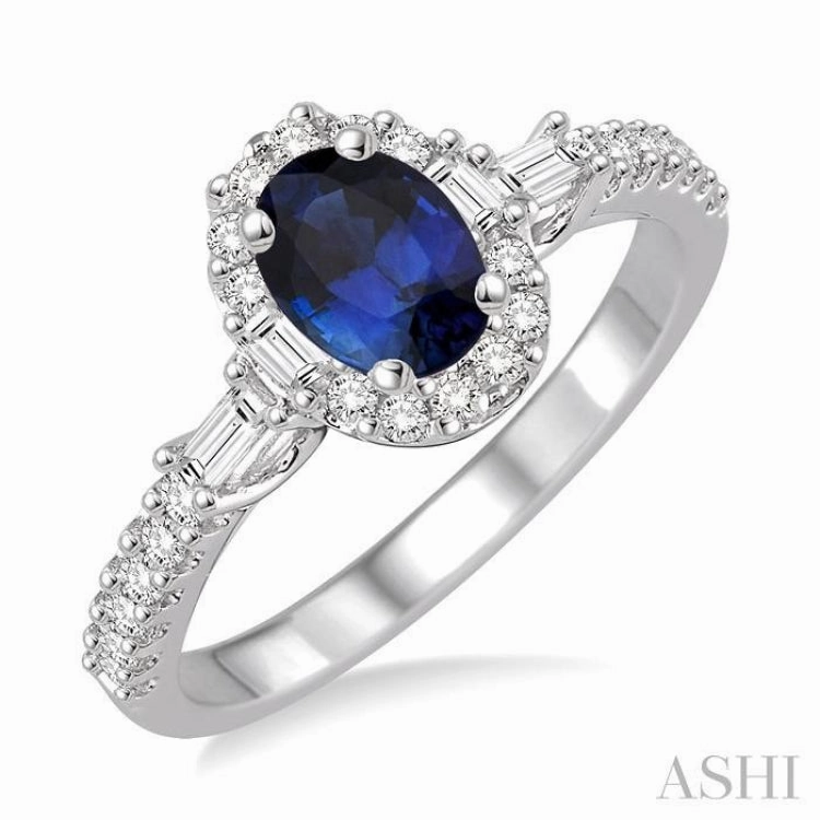 6x4 MM Oval Shape Sapphire and 3/8 Ctw Diamond Precious Ring in 14K White Gold Modern Memento