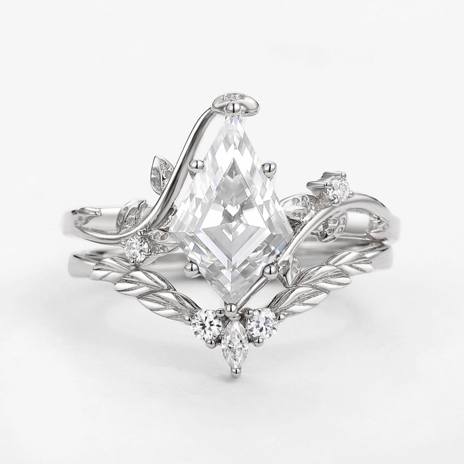 Moissanite Kite Cut Vine Engagement Ring Set 2pcs - Twigs Minimal Fashion Impeccable Accent