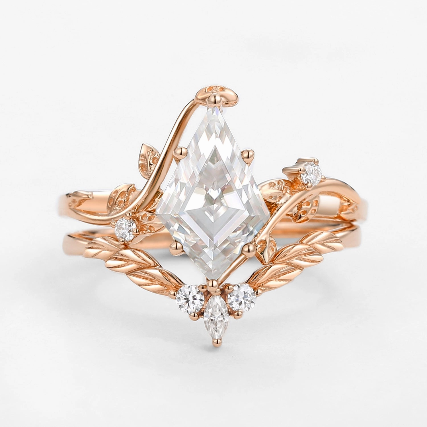 Moissanite Kite Cut Vine Engagement Ring Set 2pcs - Twigs Beautiful Work