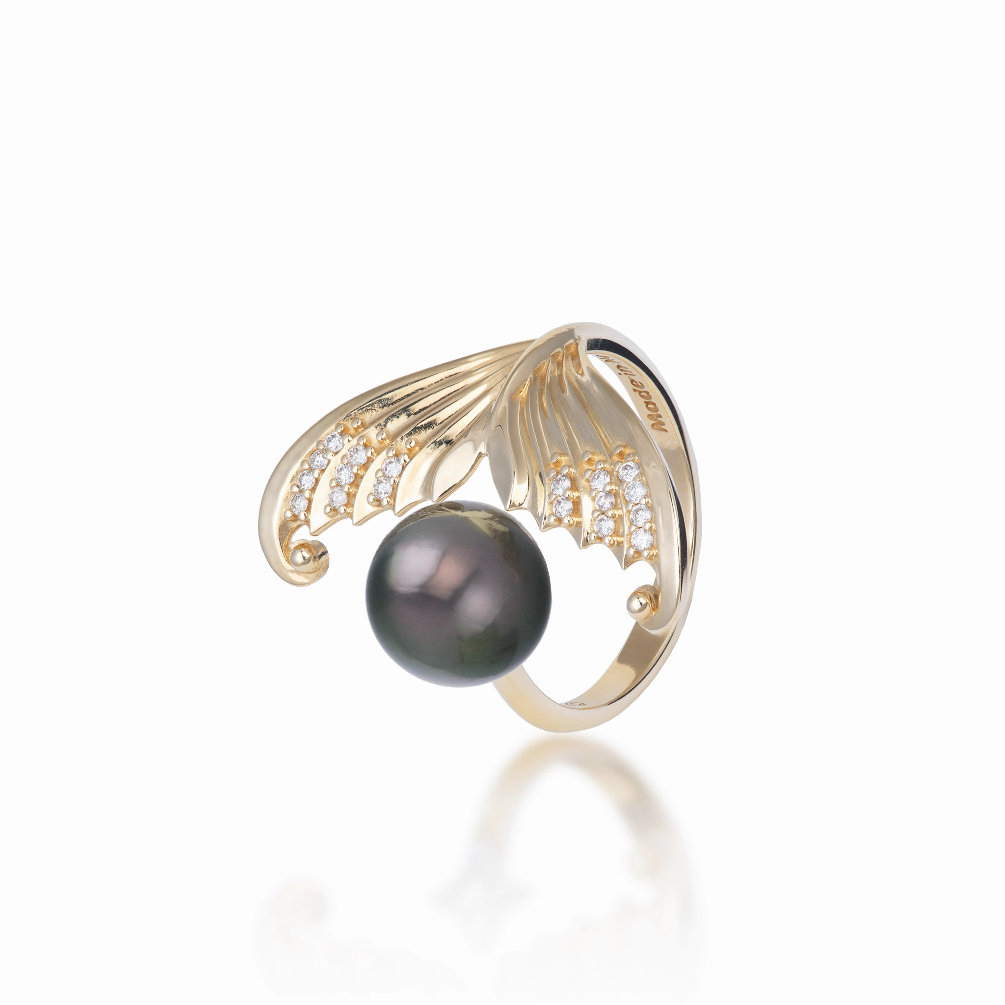 Model Ready Sophisticated Jewelry Moon Mermaid Tahitian Black Pearl Ring in Gold with Diamonds - 9-10mm