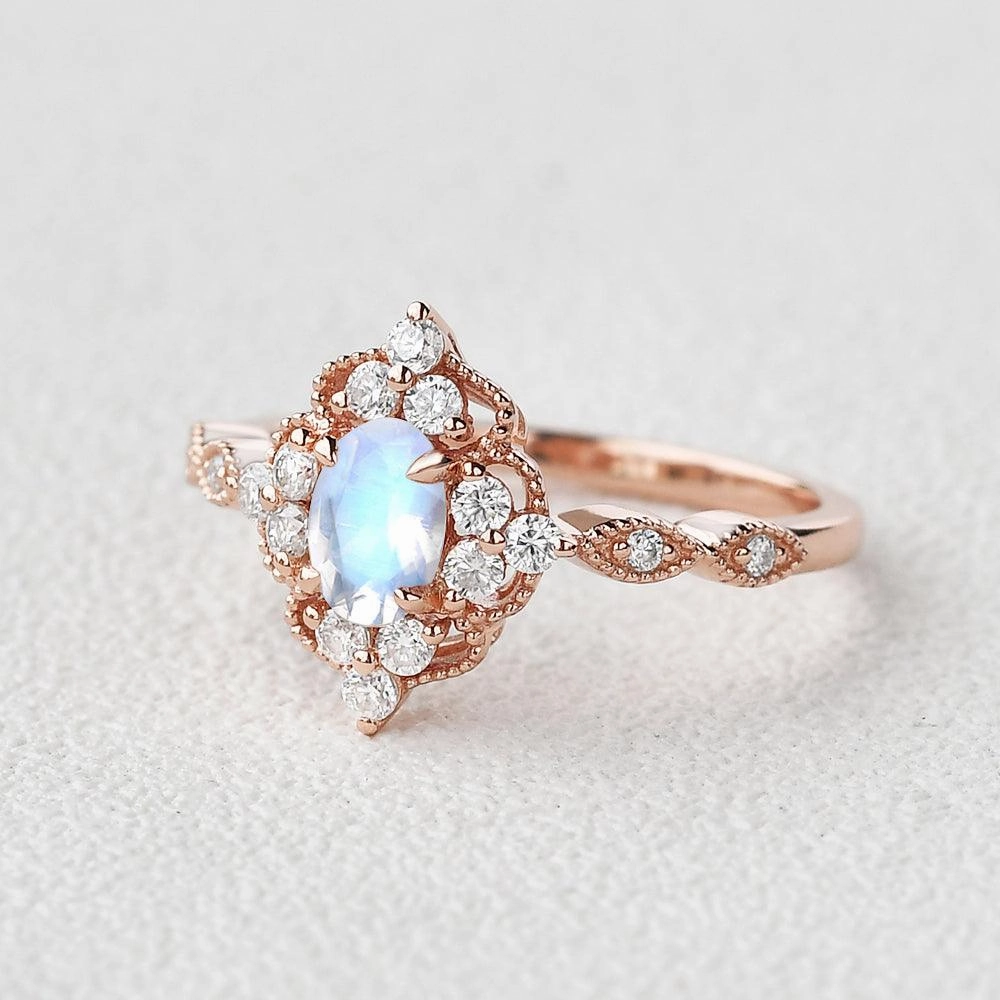 Moonstone & Moissanite Vintage Inspired Ring Outfit Highlight Elegant Item