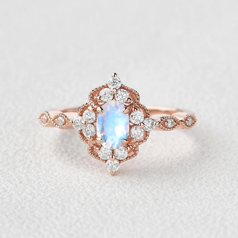Moonstone & Moissanite Vintage Inspired Ring Smart Present Understated Glimmer