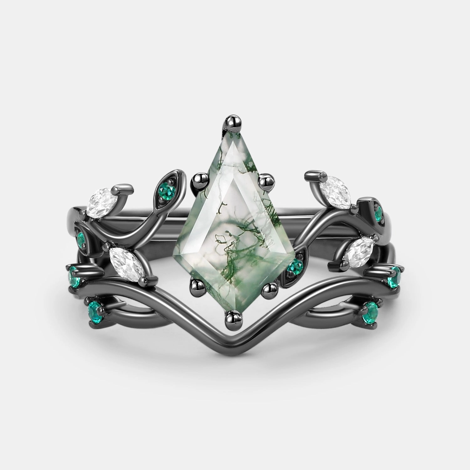 Mood Piece Moss Agate & Emerald Unique Engagement Ring Set 2pcs