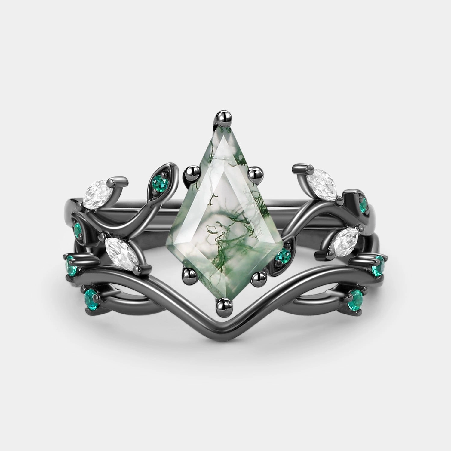 Moss Agate & Emerald Unique Engagement Ring Set 2pcs Convenient Use Elegant Emblem