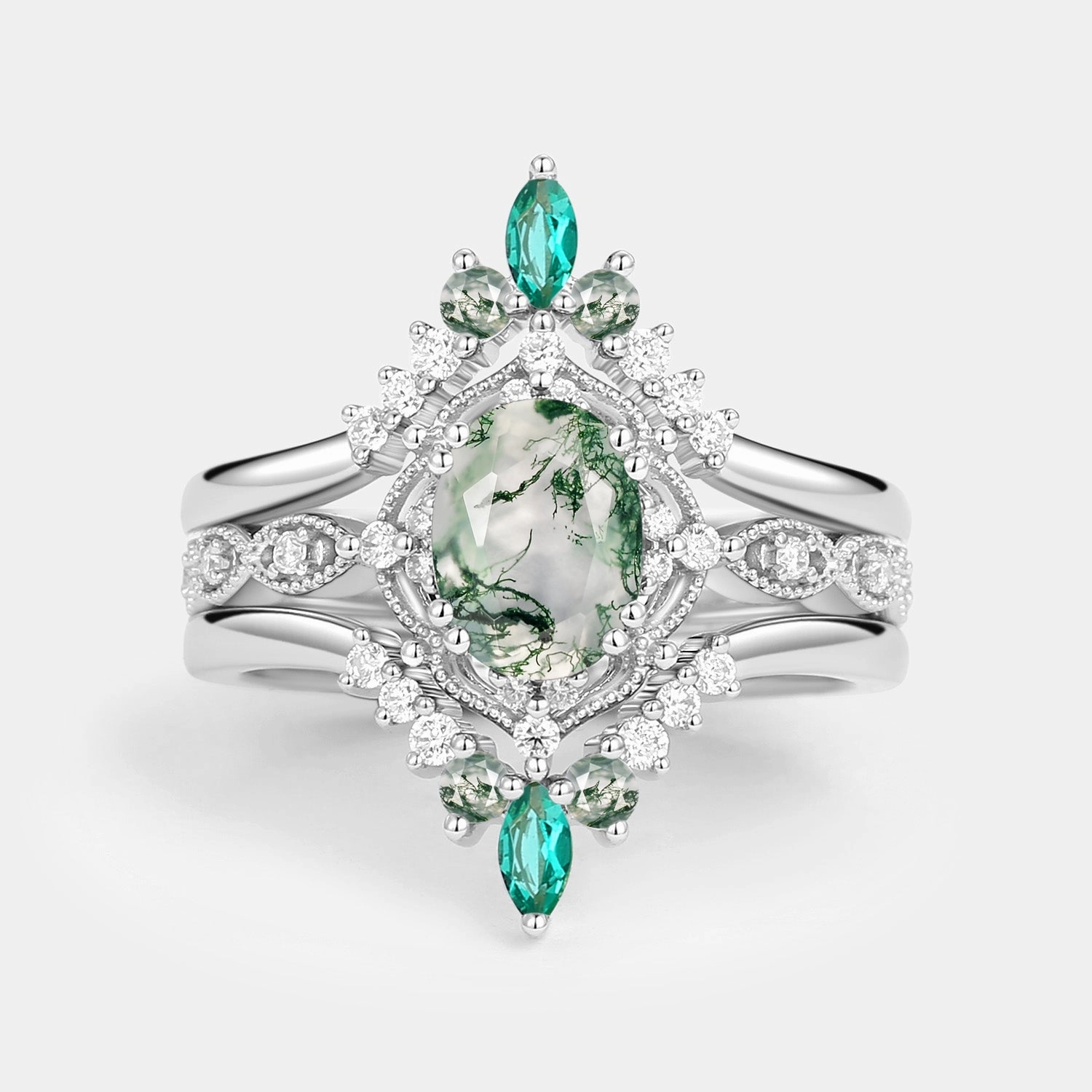 Moss Agate & Lab Emerald Signature Vintage Ring Set 3pcs Robust Build