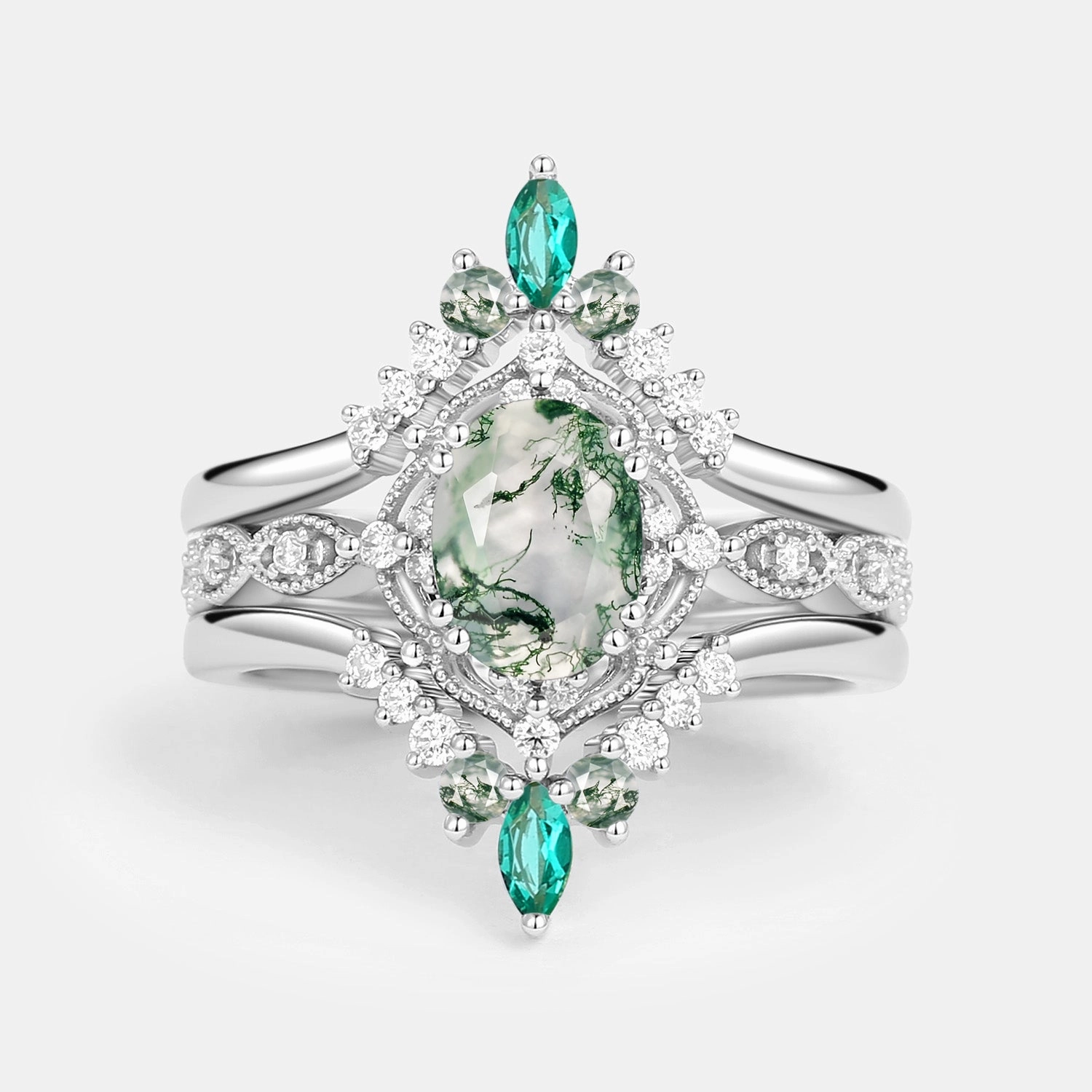 Moss Agate & Lab Emerald Signature Vintage Ring Set 3pcs Exquisite Style