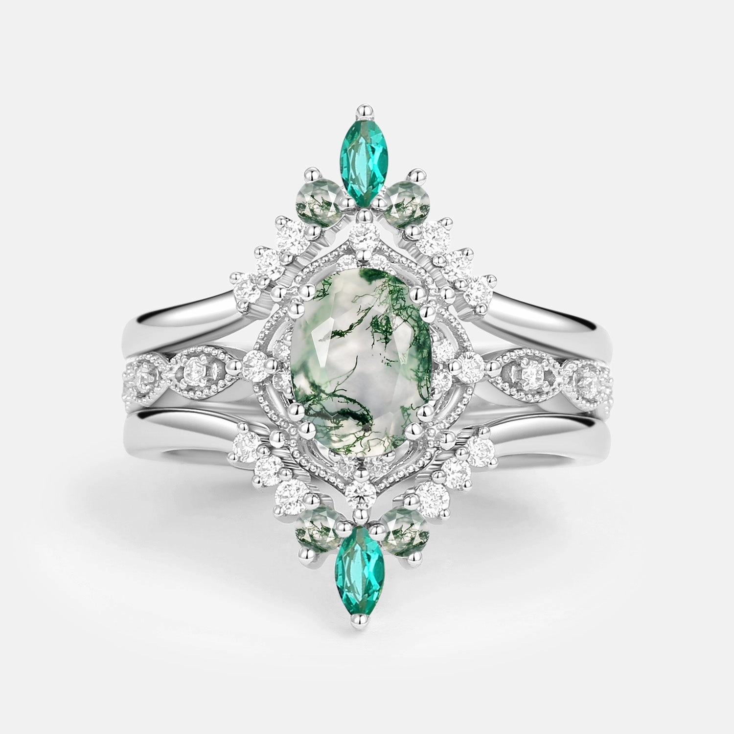 Functional Art Moss Agate & Lab Emerald Signature Vintage Ring Set 3pcs