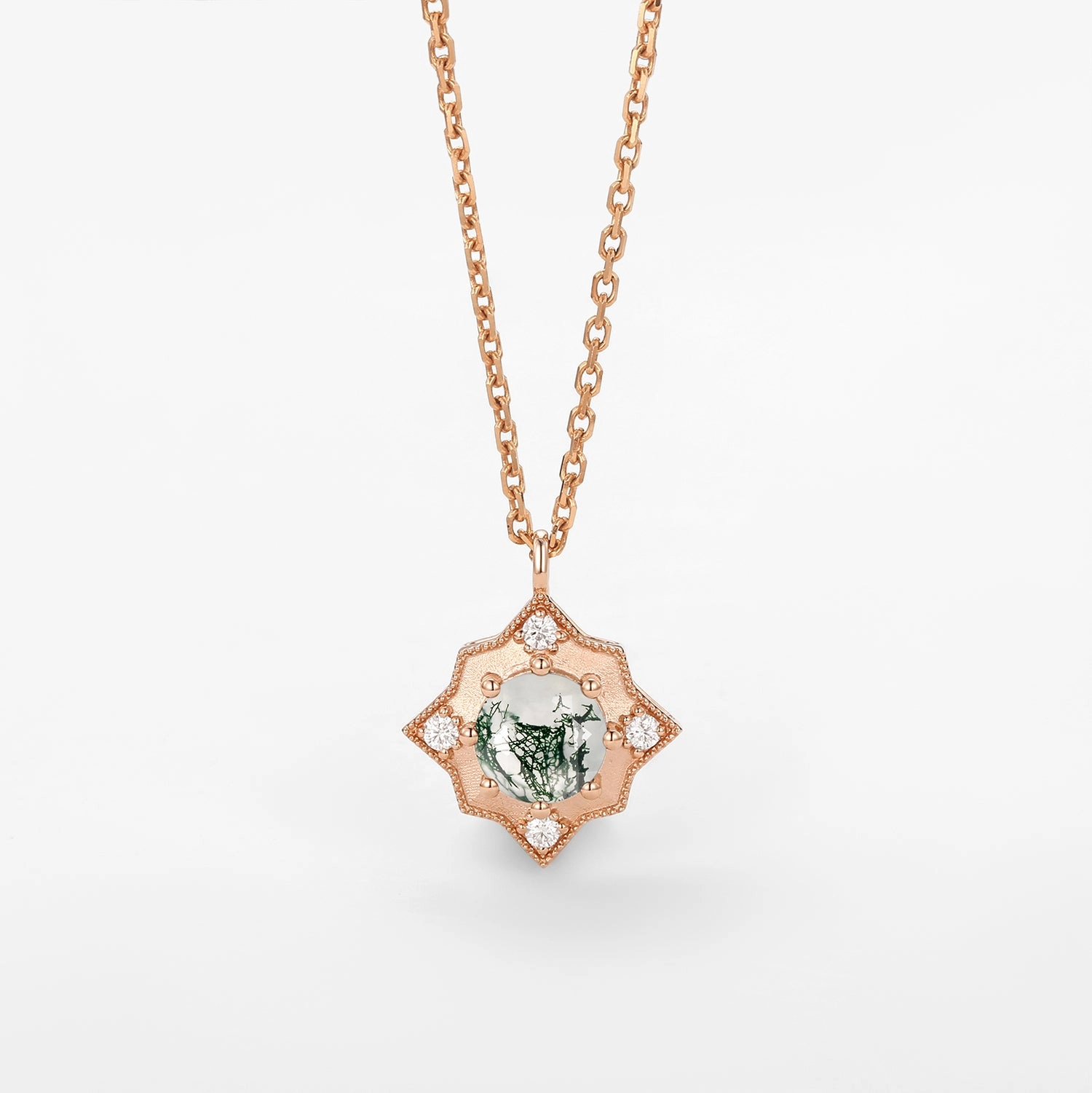 Moss Agate & Moissanite Snowflake Vintage Necklace Vacation Travel