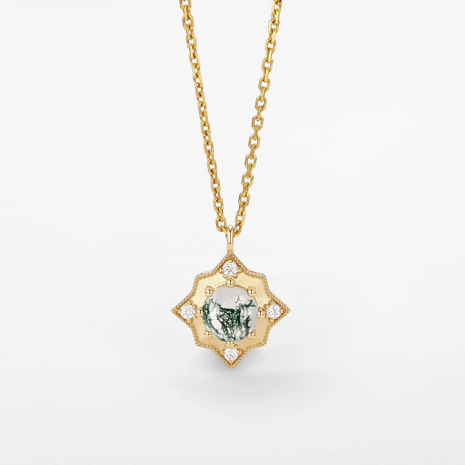 Weekend Gift Moss Agate & Moissanite Snowflake Vintage Necklace