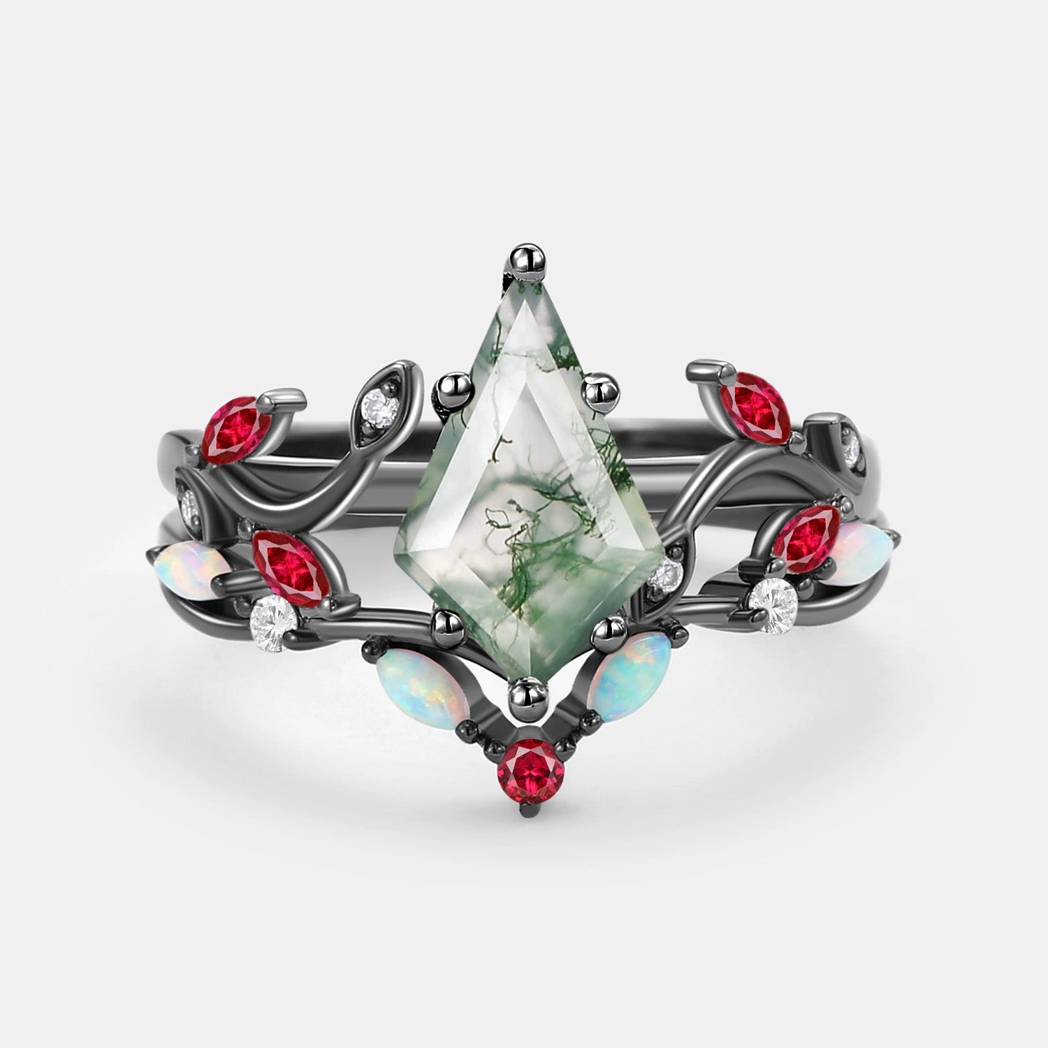 Moss Agate & Opal & Ruby Unique Engagement Ring Set 2pcs Sophisticated Embellishments