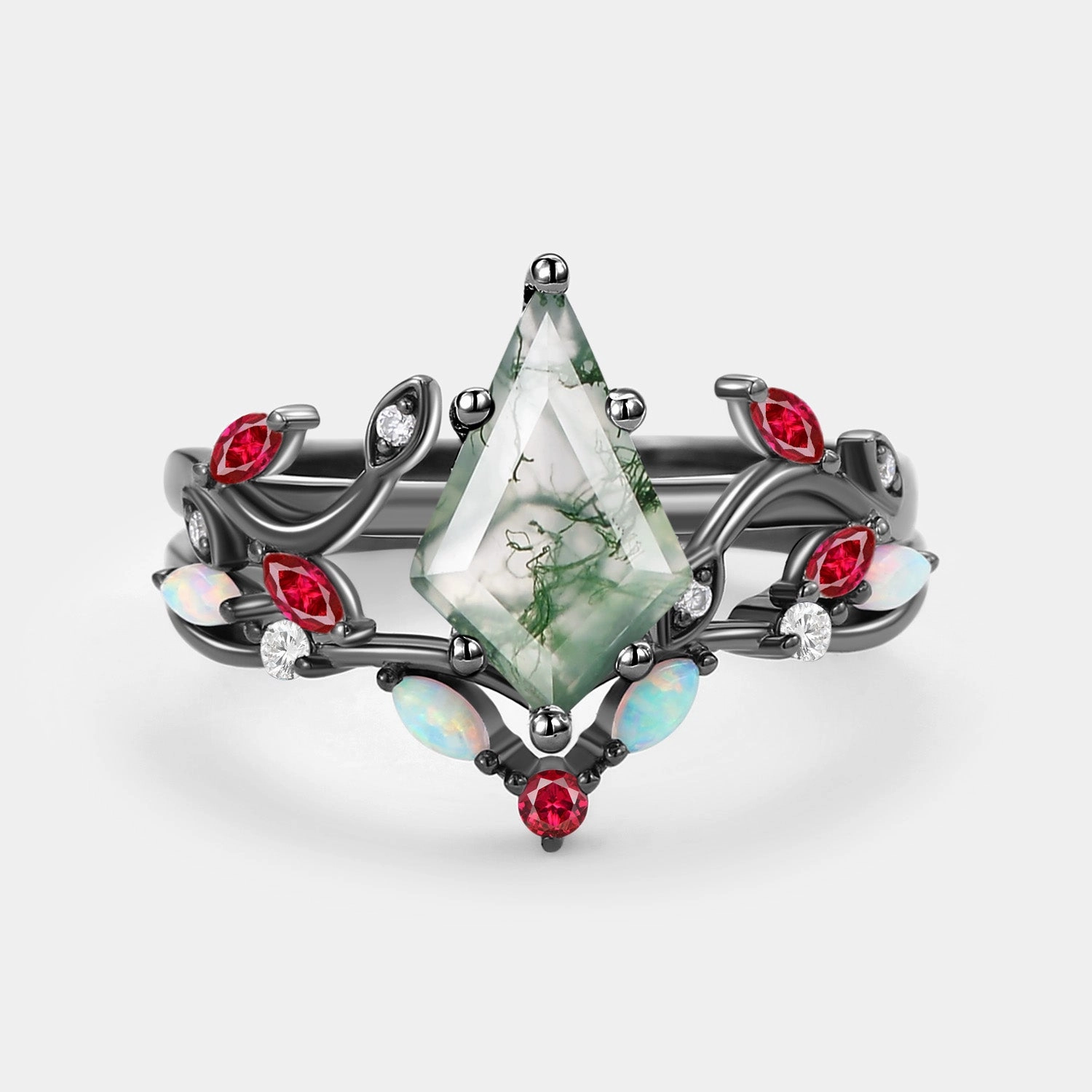 Moss Agate & Opal & Ruby Unique Engagement Ring Set 2pcs Classic Glimmer
