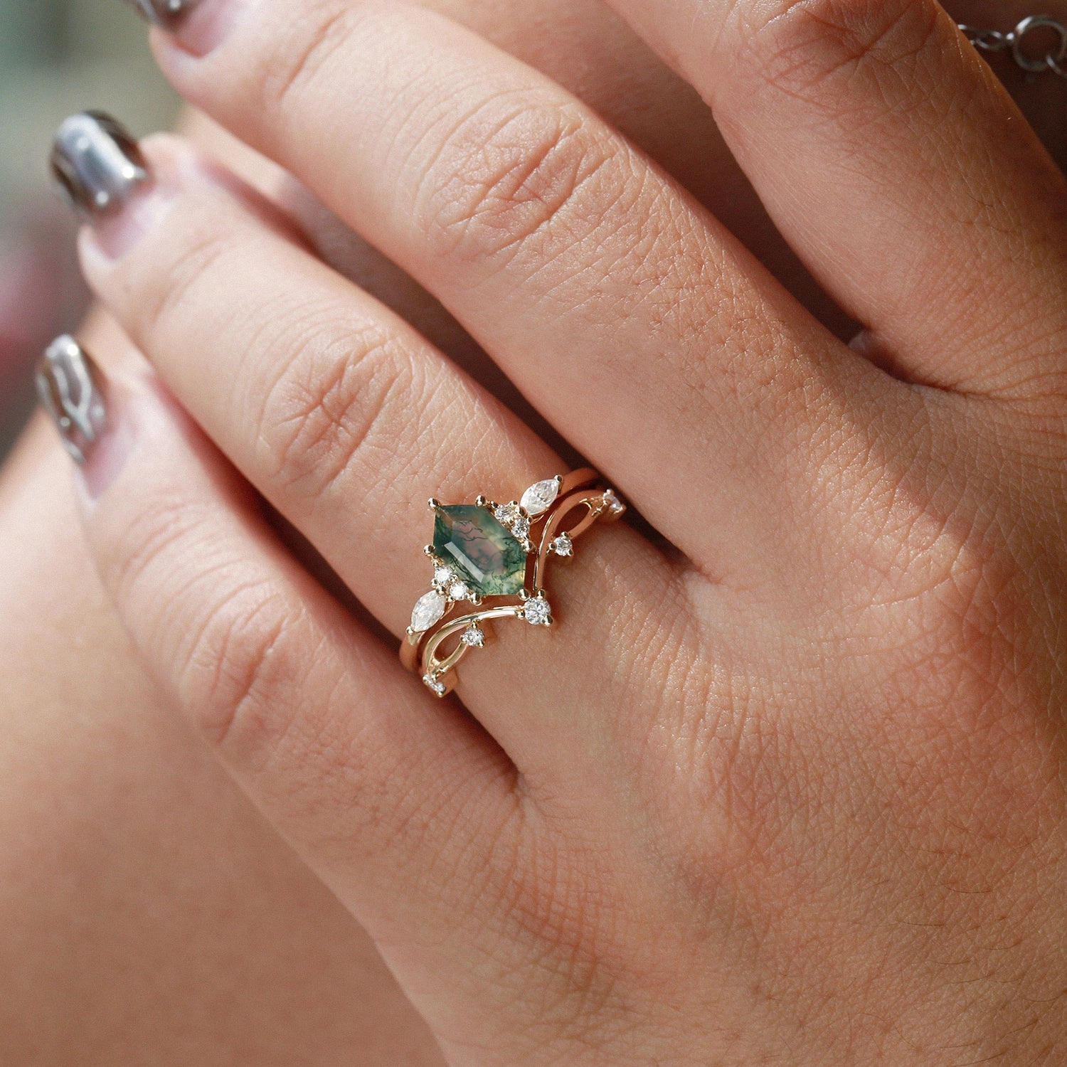 Trendy Design Moss Agate Elongated Hexagon Engagement Ring Set 2pcs - Ona