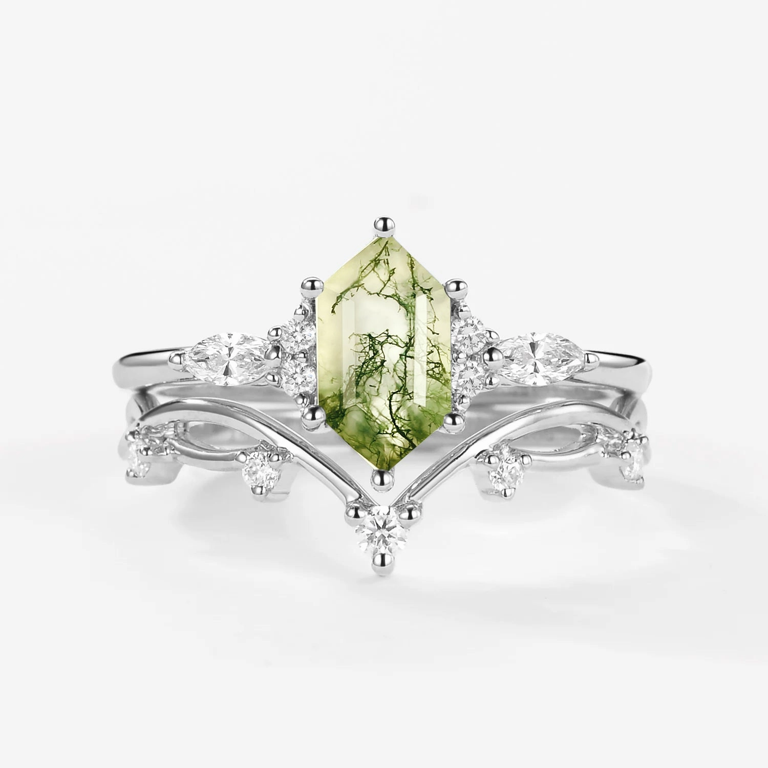 Moss Agate Elongated Hexagon Engagement Ring Set 2pcs - Ona Boho Style