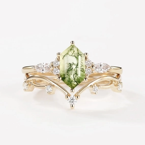 Styled Finish Sleek Edge Moss Agate Elongated Hexagon Engagement Ring Set 2pcs - Ona