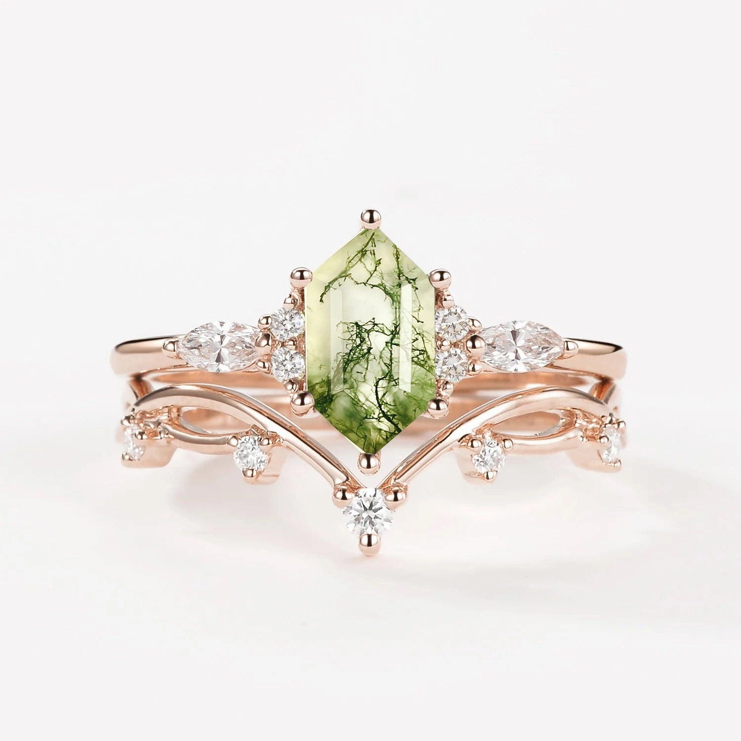 Moss Agate Elongated Hexagon Engagement Ring Set 2pcs - Ona Effortless Glimmer Radiant Highlight
