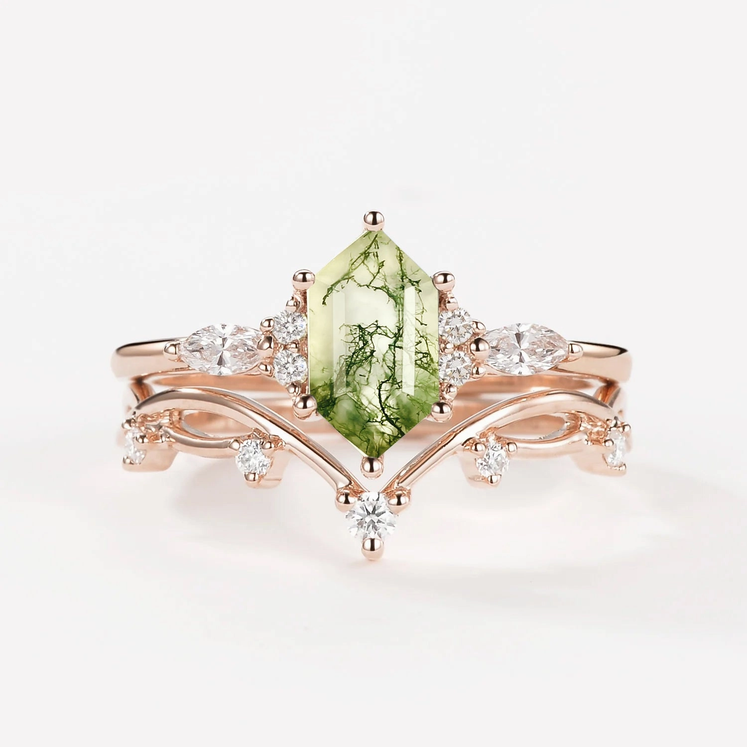 Moss Agate Elongated Hexagon Engagement Ring Set 2pcs - Ona Sophisticated Design Essential Gift