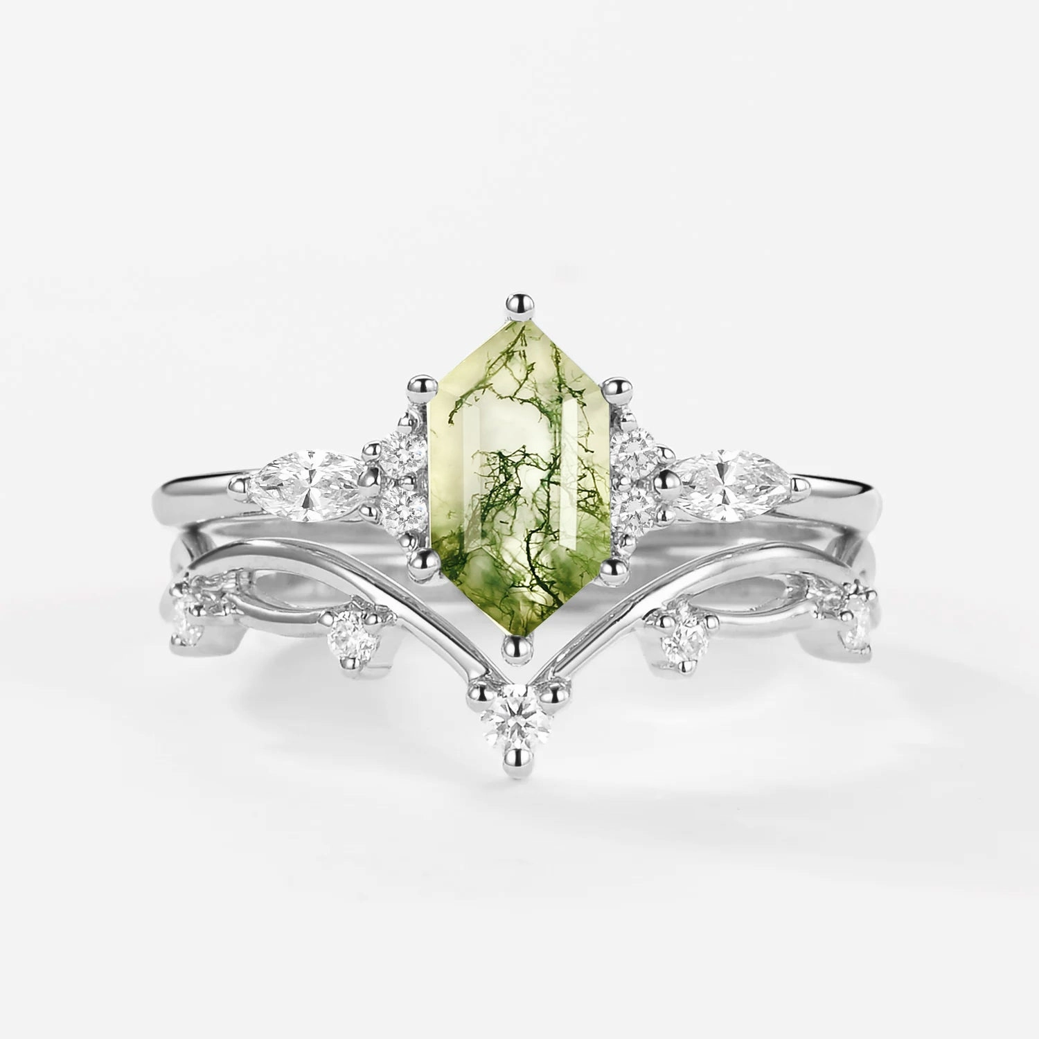 Moss Agate Elongated Hexagon Engagement Ring Set 2pcs - Ona Timeless Piece Cool Detail