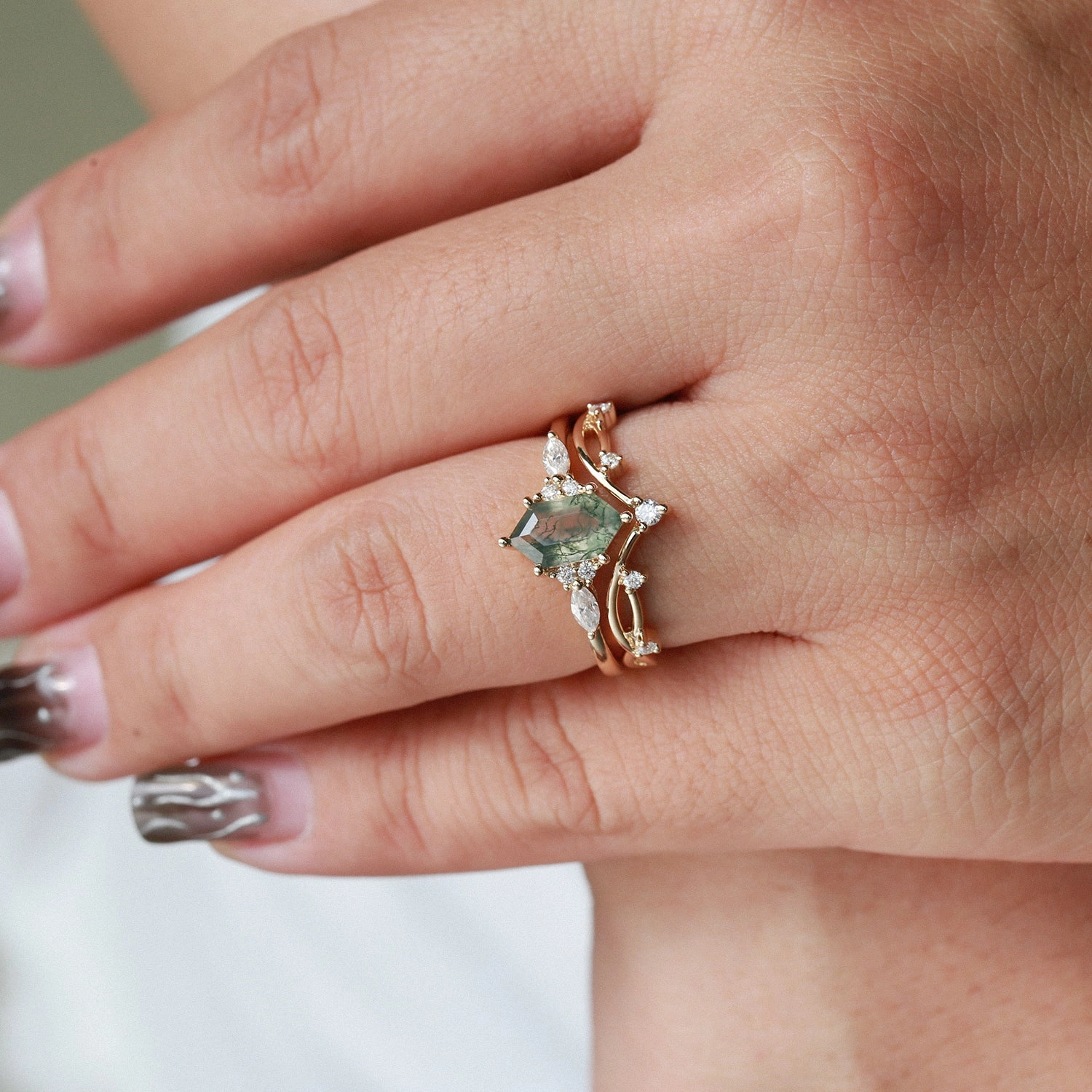 Lustrous Sparkle Opulent Craft Moss Agate Elongated Hexagon Engagement Ring Set 2pcs - Ona