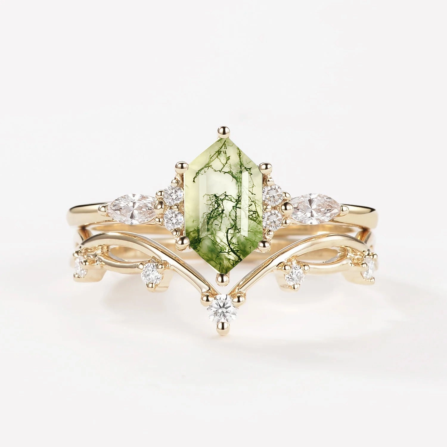 Eternal Ornament Moss Agate Elongated Hexagon Engagement Ring Set 2pcs - Ona