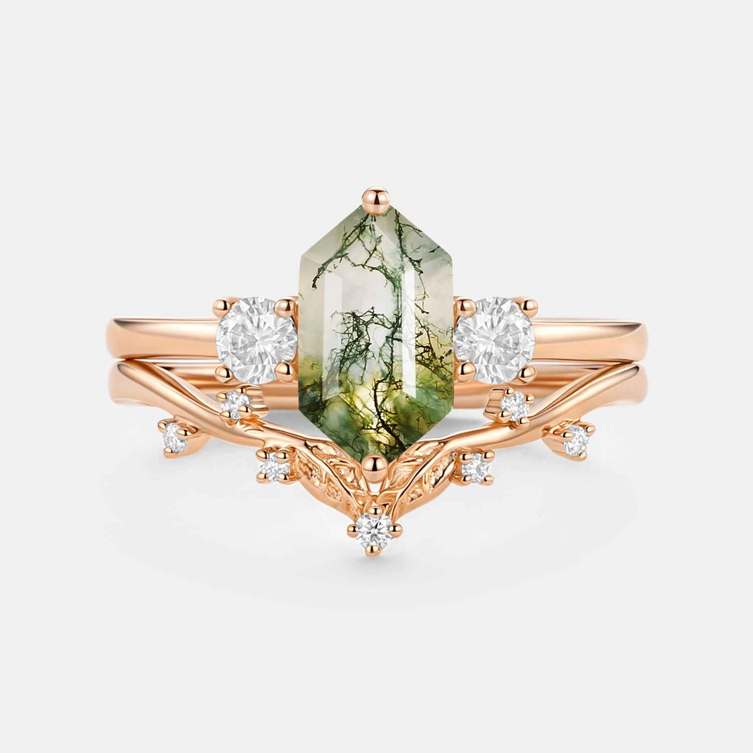 Shiny Gifts Vibrant color Moss Agate Elongated Hexagon Engagement Ring Set 2pcs - Sunny