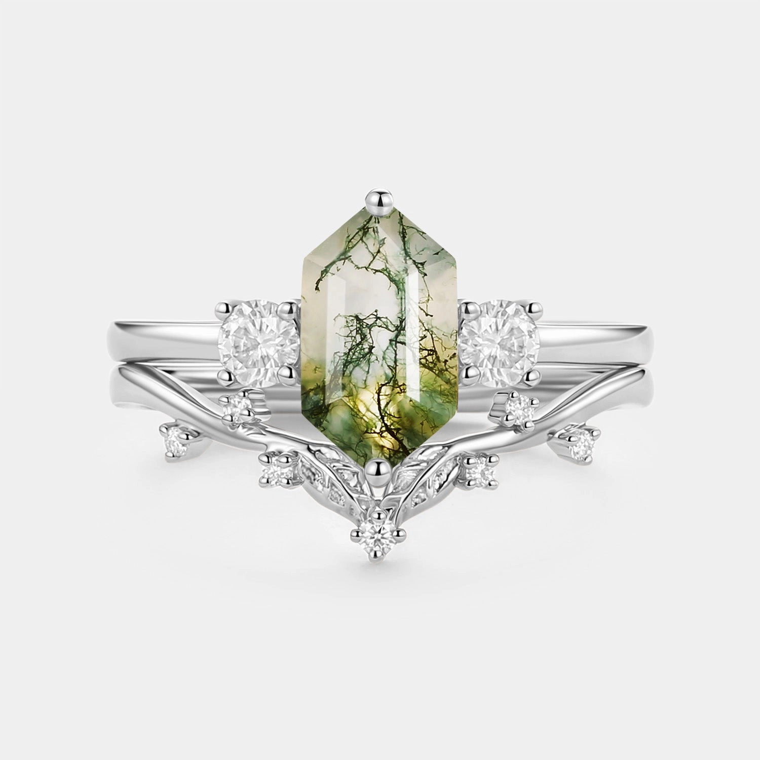 Holiday Accent Moss Agate Elongated Hexagon Engagement Ring Set 2pcs - Sunny