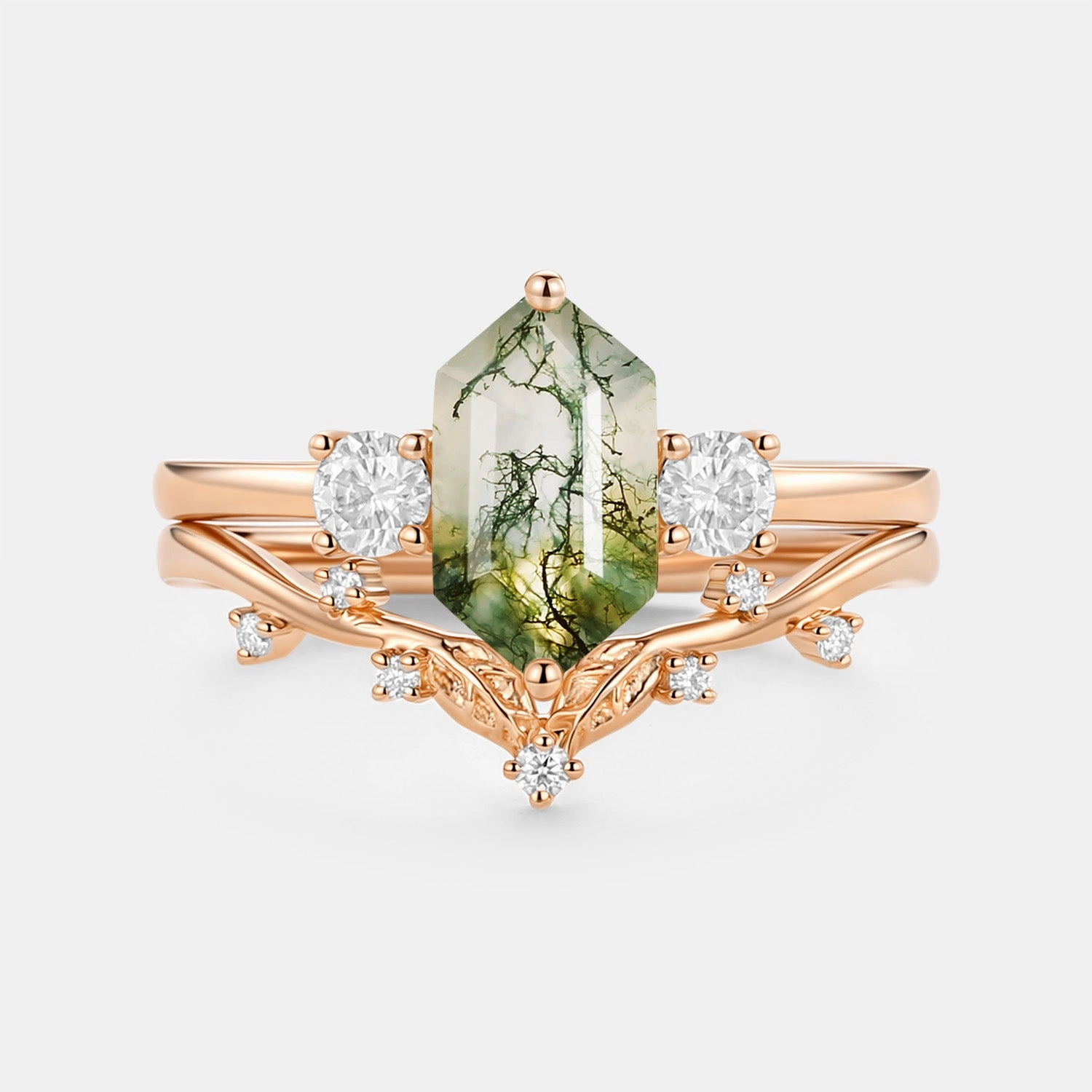Superior Accessory Moss Agate Elongated Hexagon Engagement Ring Set 2pcs - Sunny