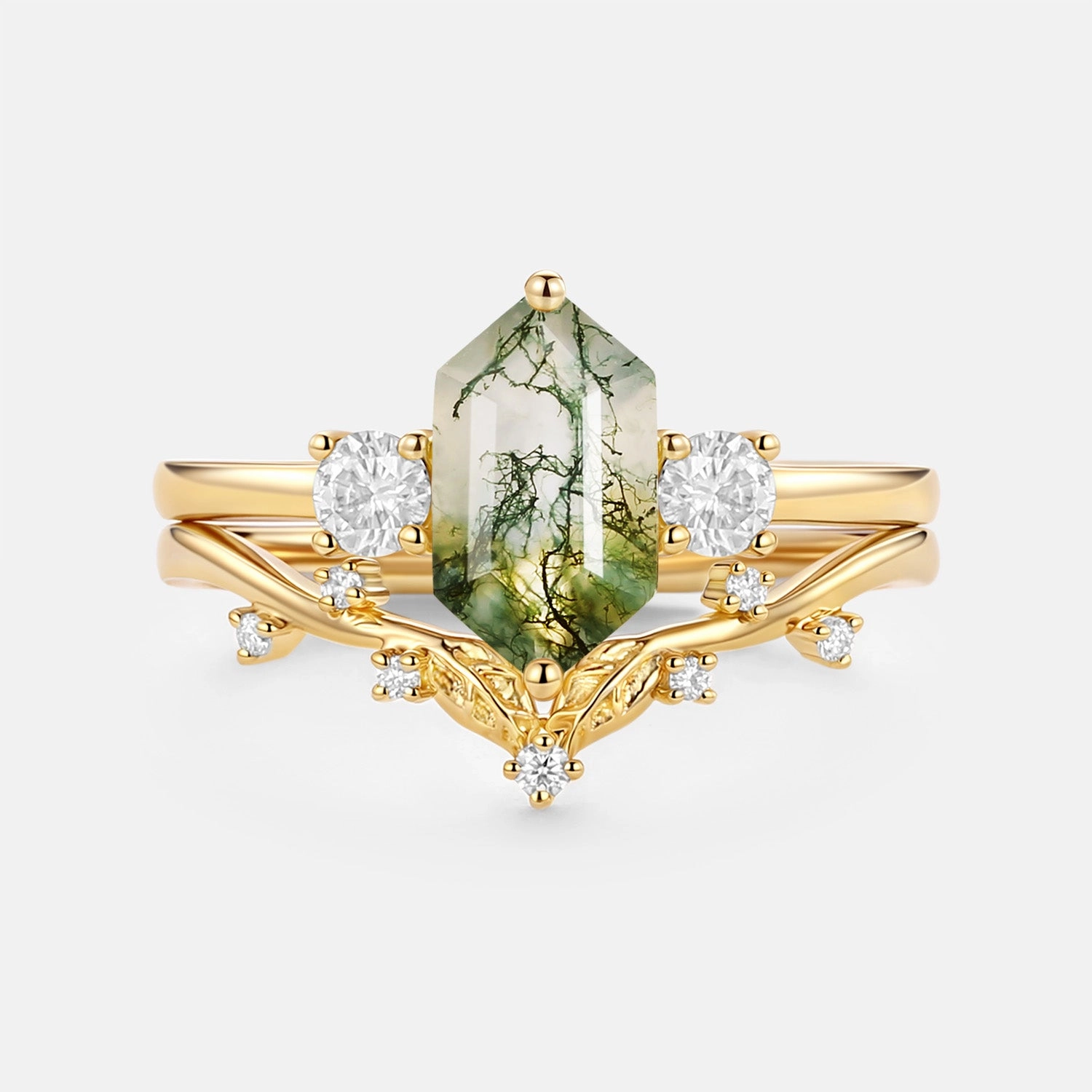 Shining Feature Petite Shine Moss Agate Elongated Hexagon Engagement Ring Set 2pcs - Sunny
