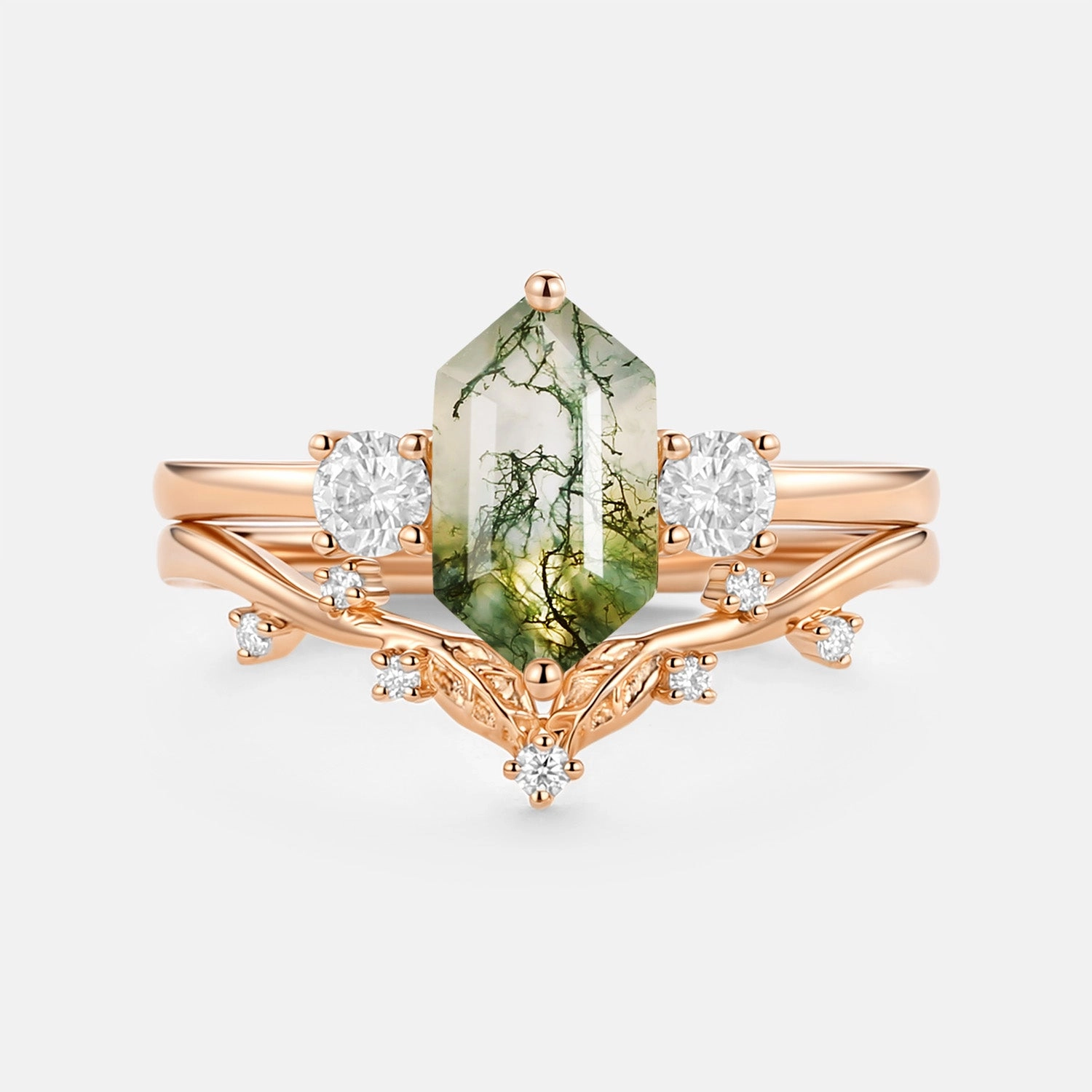 Shiny Craft Moss Agate Elongated Hexagon Engagement Ring Set 2pcs - Sunny