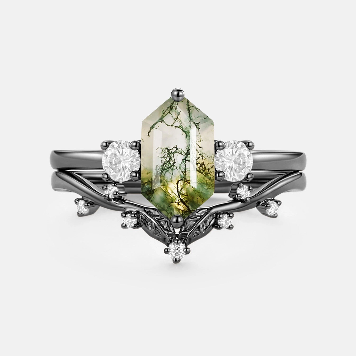 Moss Agate Elongated Hexagon Engagement Ring Set 2pcs - Sunny Soft Texture Luxury Jewelry