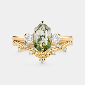 Shining Feature Petite Shine Moss Agate Elongated Hexagon Engagement Ring Set 2pcs - Sunny