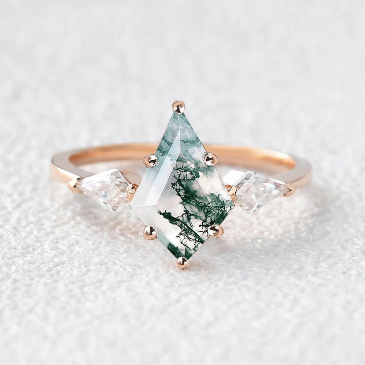 Moss Agate Kit Cut Three-stone Bezel Engagement Ring Luxurious Shine