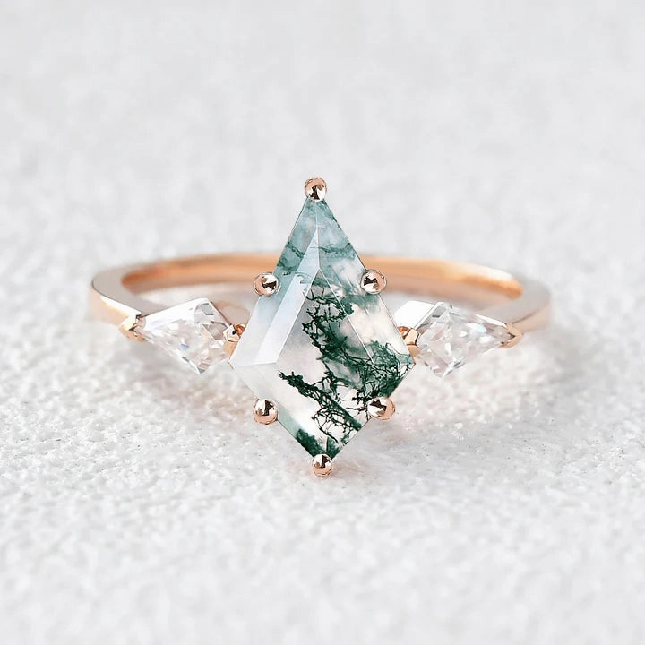 Glamorous Accent Moss Agate Kit Cut Three-stone Bezel Engagement Ring