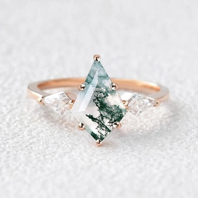 Moss Agate Kit Cut Three-stone Bezel Engagement Ring Luxurious Shine