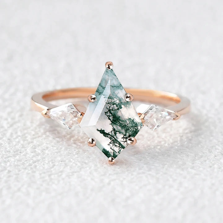 Outdoor Glam Glamorous Jewelry Moss Agate Kit Cut Three-stone Bezel Engagement Ring