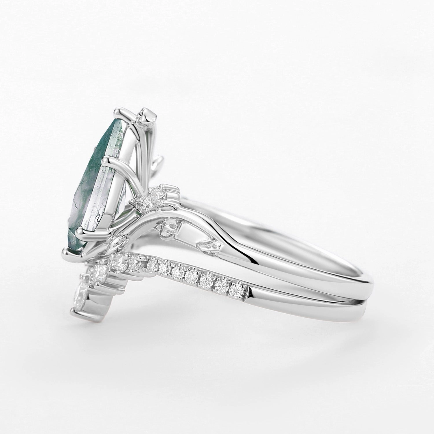 Moss Agate Leafy Kite Cut White Gold Cluster Engagement Ring Sets 2pcs Fine Article Sturdy Product