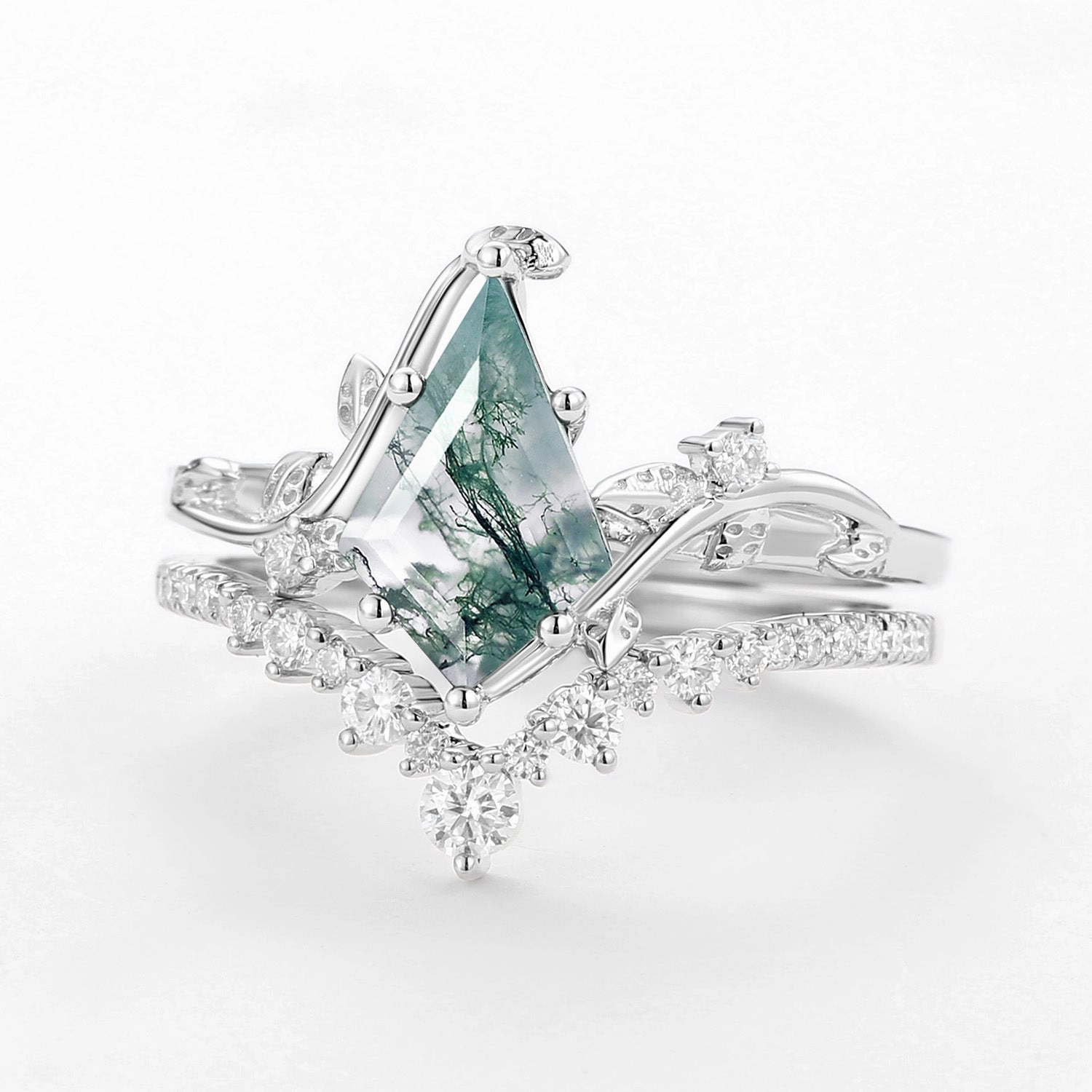 Everyday Accessory Moss Agate Leafy Kite Cut White Gold Cluster Engagement Ring Sets 2pcs