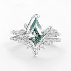 Subtle Detail Fashion Daily Moss Agate Leafy Kite Cut White Gold Cluster Engagement Ring Sets 2pcs