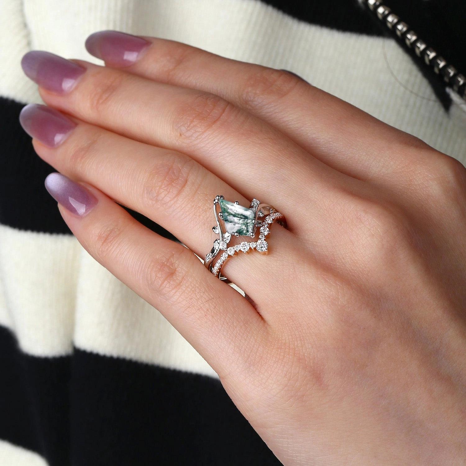 Secure Art Moss Agate Leafy Kite Cut White Gold Cluster Engagement Ring Sets 2pcs