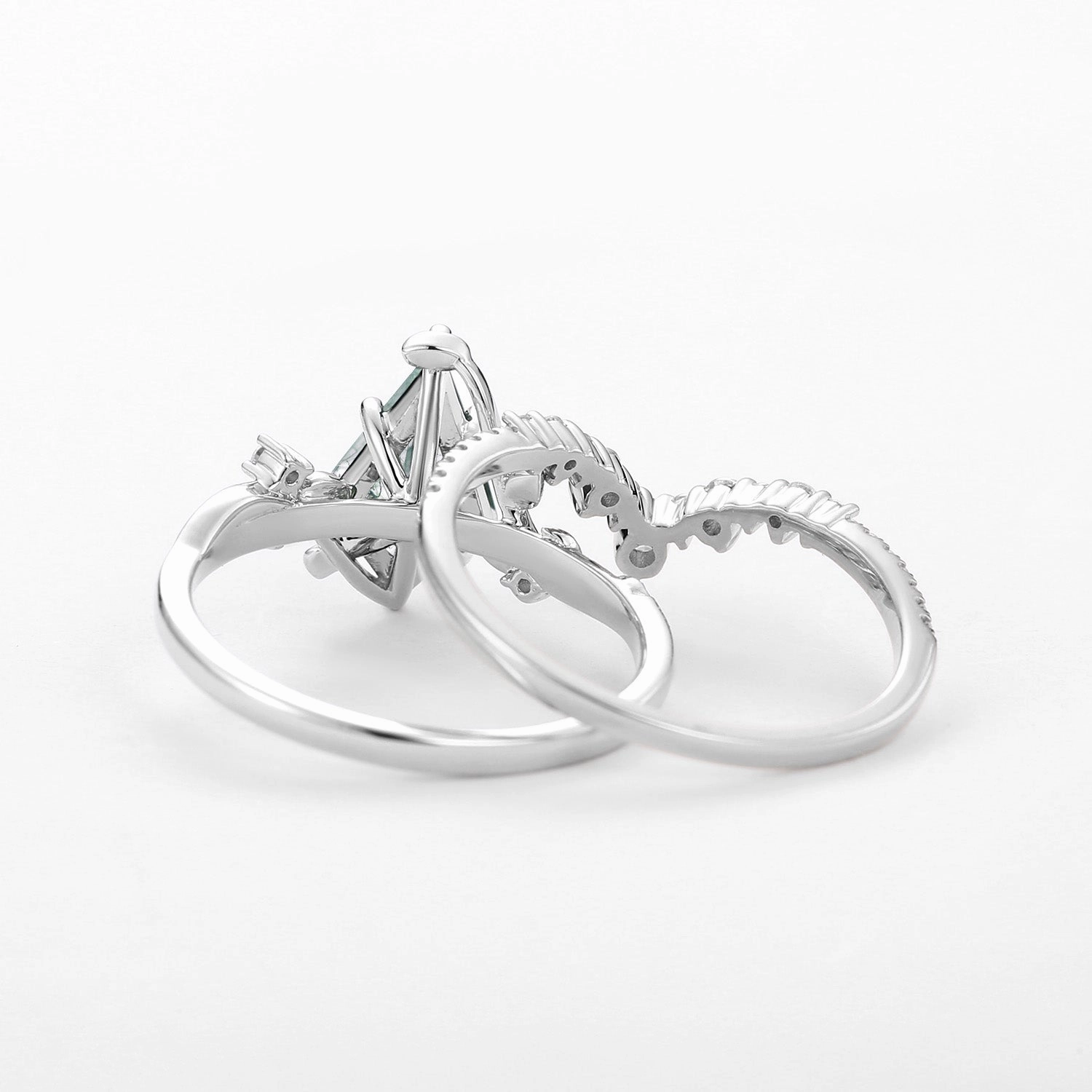 Moss Agate Leafy Kite Cut White Gold Cluster Engagement Ring Sets 2pcs Handcrafted Craft Cool Detail