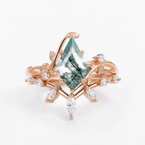 Moss Agate Leafy Marquise Engagement Ring Set 2pcs Daily Details