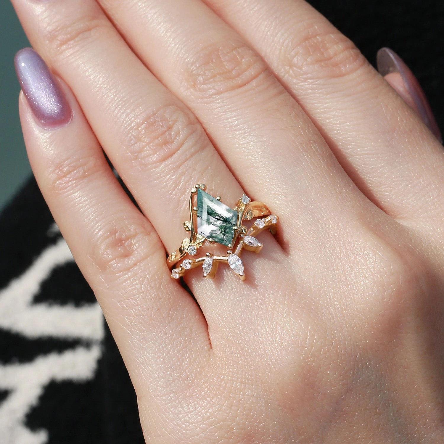 Ocean Look Modern Snap Moss Agate Leafy Marquise Engagement Ring Set 2pcs
