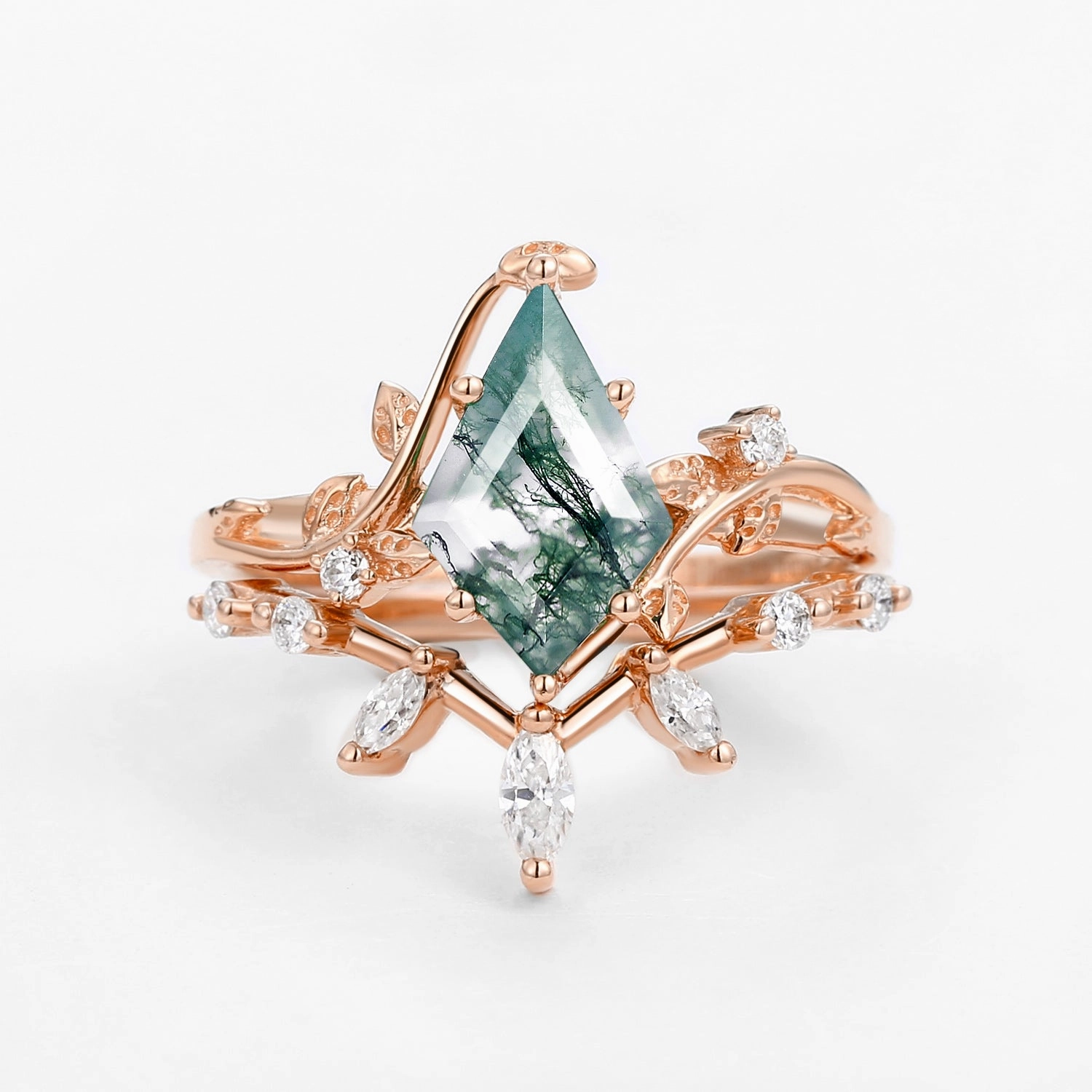 Moss Agate Leafy Marquise Engagement Ring Set 2pcs Daily Details
