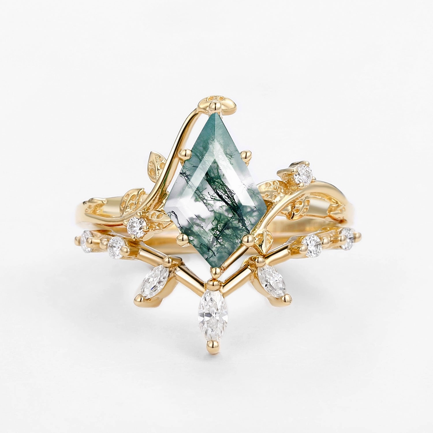 Moss Agate Leafy Marquise Engagement Ring Set 2pcs Dreamy Style Casual Harmony