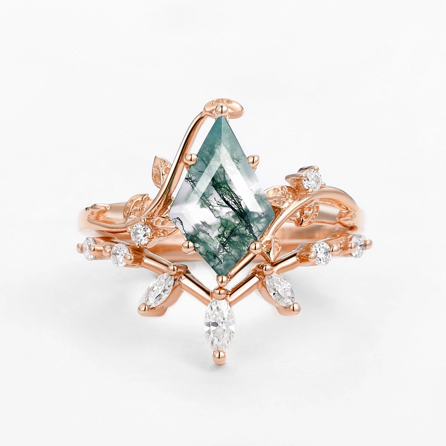 Etched Design Moss Agate Leafy Marquise Engagement Ring Set 2pcs